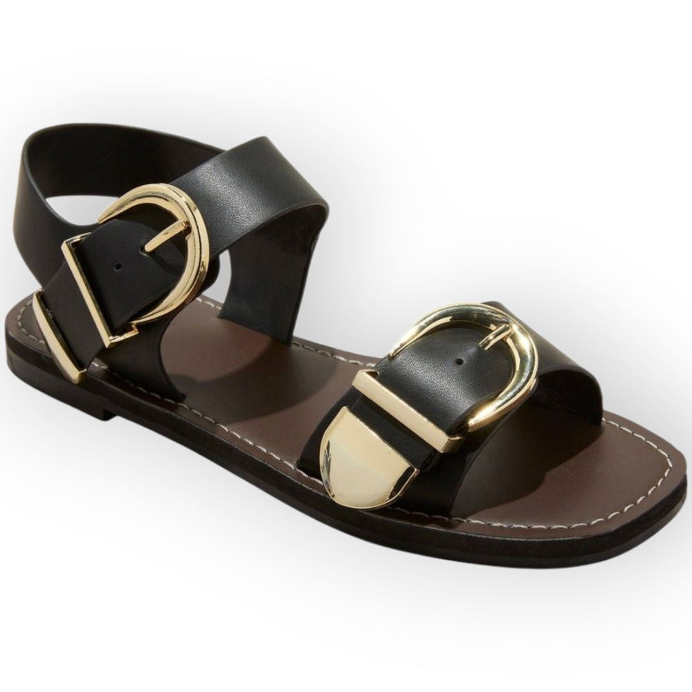 Universal Thread Black Sandals with Gold Buckles